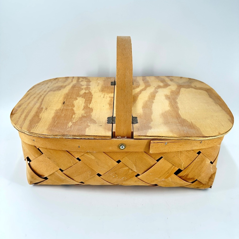 Vintage‎ Woven Wood Picnic Basket Double Hinged Lid Rustic Farmhouse Storage